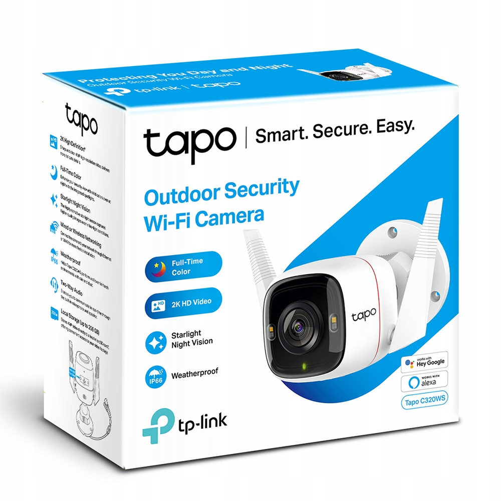 Verpackung der Tapo Outdoor Security Wi-Fi Kamera mit Produktfoto und blauen Akzenten auf weißem Karton.