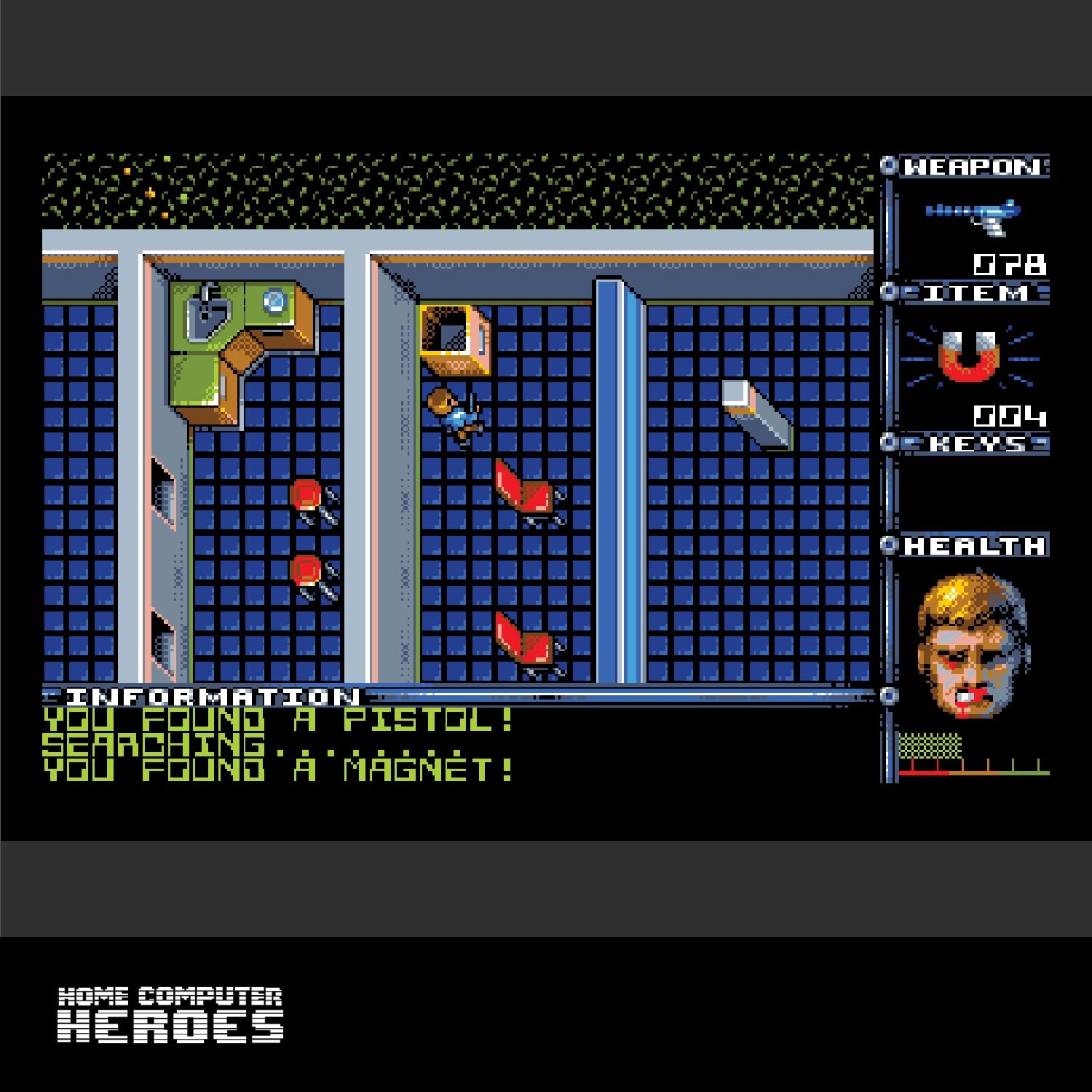 Ekran gry wideo w stylu pixel art z postacią chodzącą po pokojach, HUD po prawej i tekst na dole.