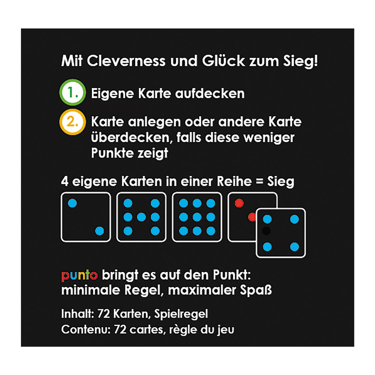 Règles du jeu sur fond noir avec texte et graphiques de cartes en allemand et français.