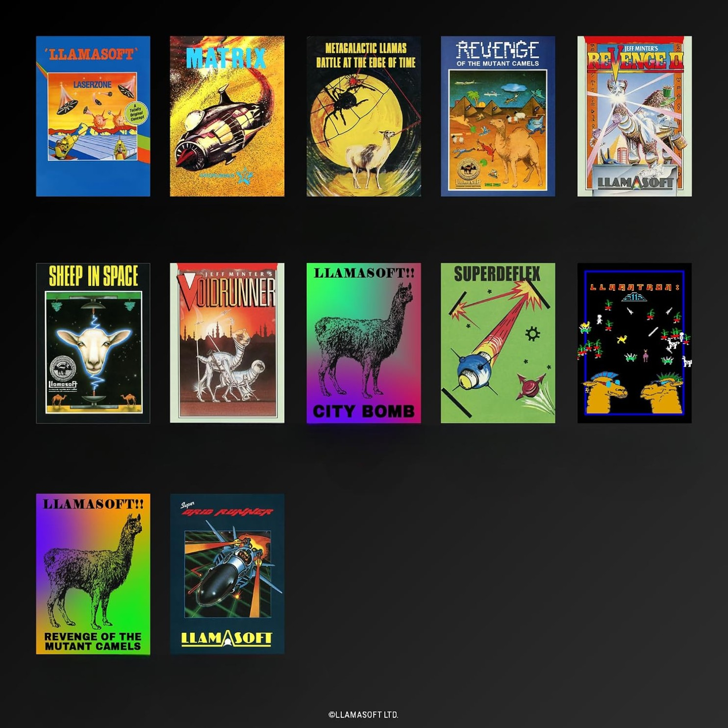 Kolaż dwunastu kolorowych retro okładek gier wideo ze zwierzętami i motywami science-fiction od Llamasoft.