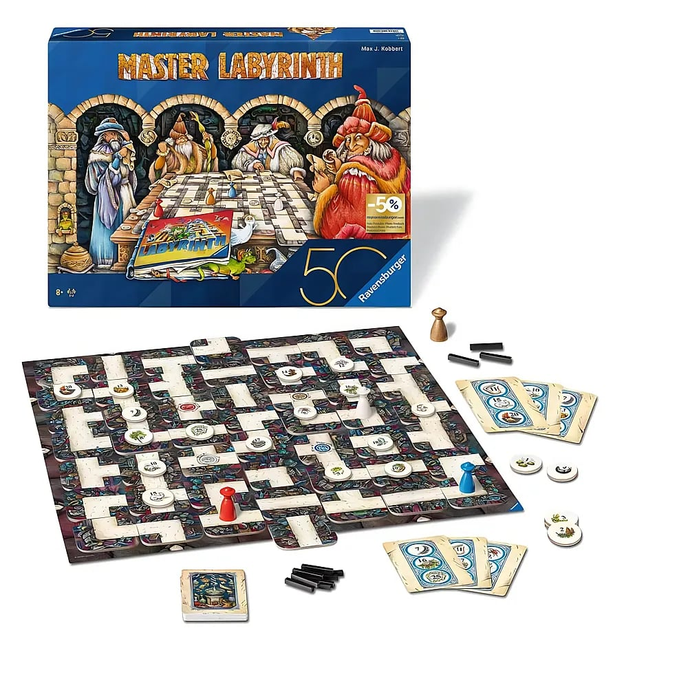 Master Labyrinth Brettspiel mit Schachtel, Spielbrett, Figuren, Karten und Plättchen auf weißem Hintergrund.