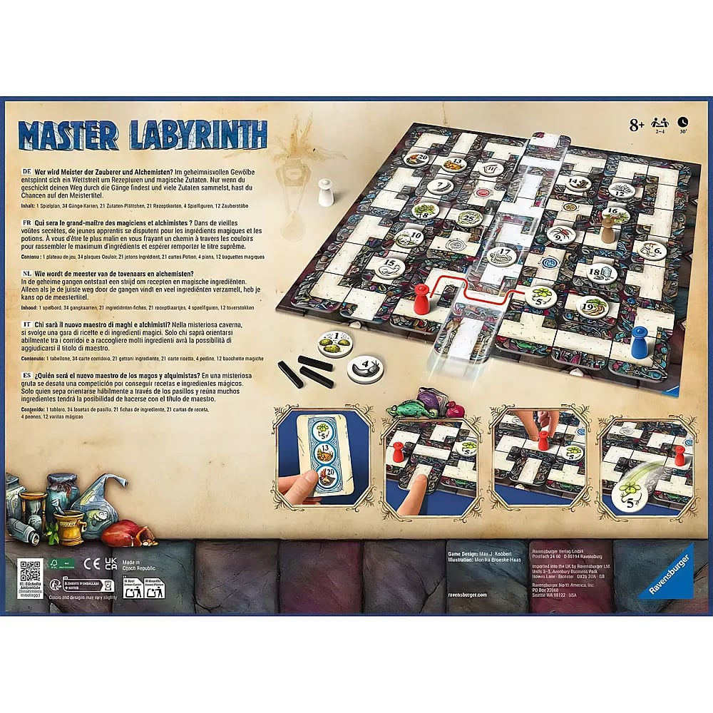 Die Rückseite der Master Labyrinth Brettspielbox zeigt das Spielbrett, Regeln in mehreren Sprachen und Komponenten.