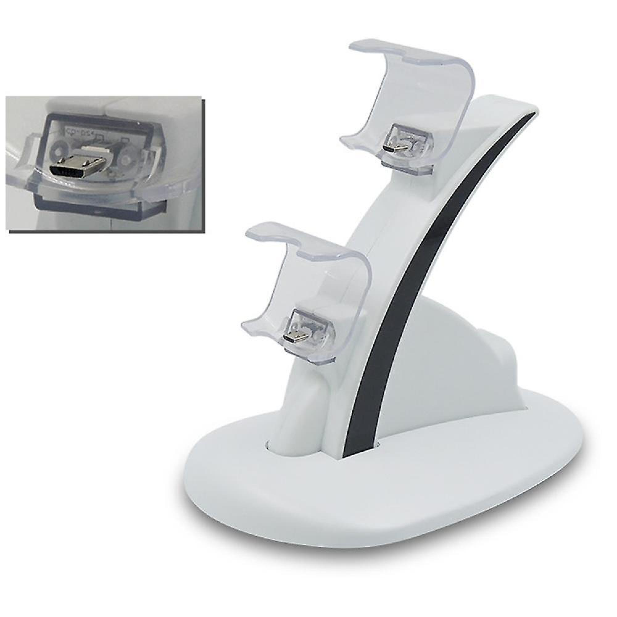 Eine weiße Doppel-Ladestation mit zwei Micro-USB-Anschlüssen, ein Inset zeigt die Nahaufnahme eines Anschlusses.