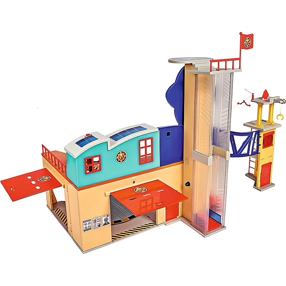 Colorato playset di una caserma dei pompieri con garage, torre e atterraggio.
