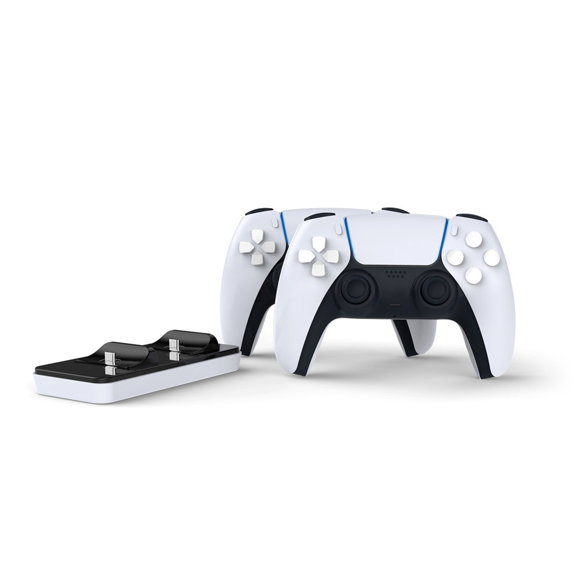Zwei weiße PlayStation 5 Controller und eine schwarze Ladestation auf weißem Hintergrund.
