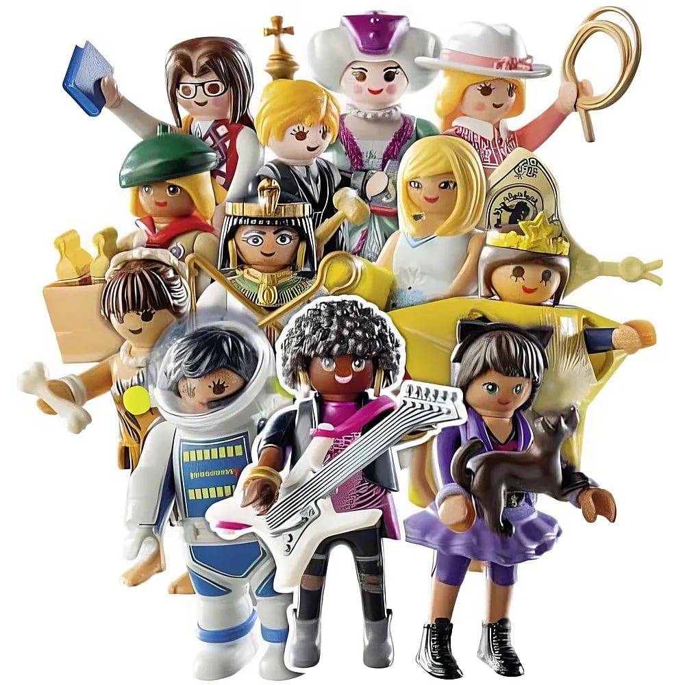 Un groupe de diverses figurines Playmobil en costumes variés, incluant un astronaute, une rockstar et des personnages historiques.