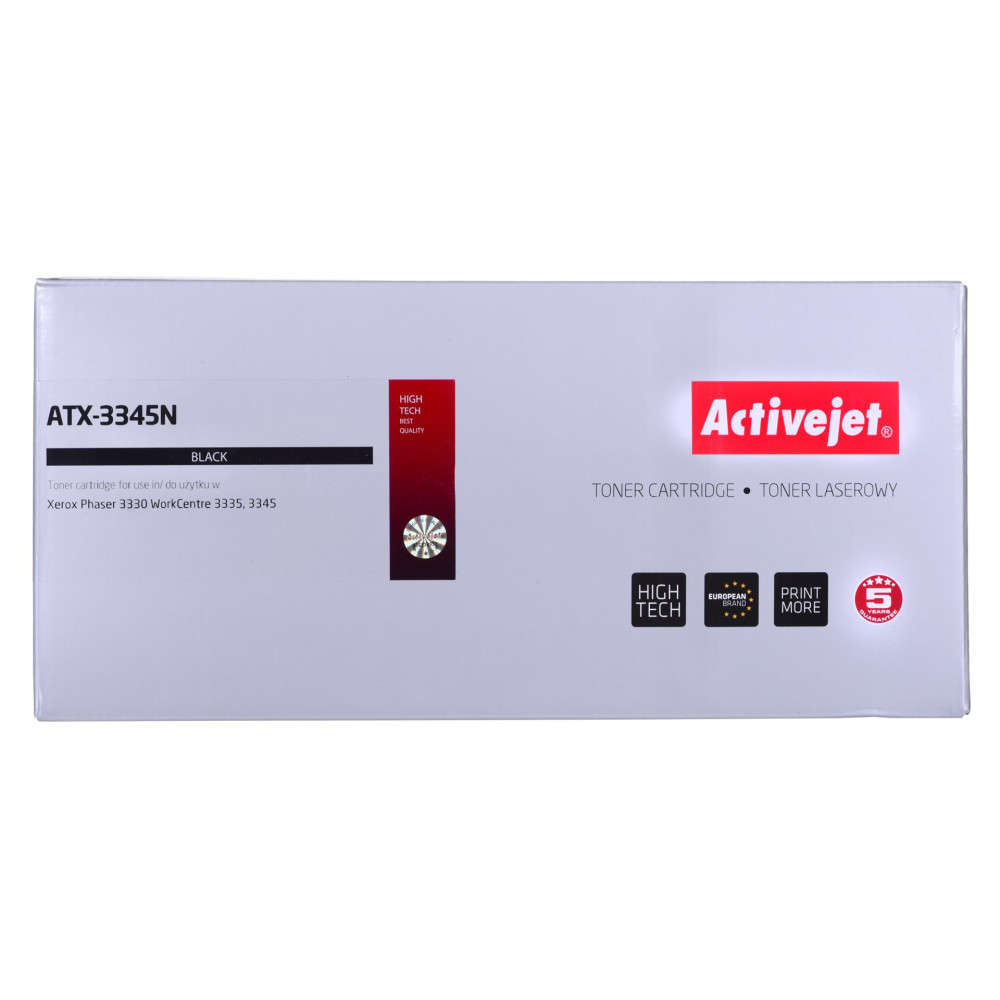 Białe pudełko tonera Activejet ATX-3345N do drukarek Xerox, z czerwonym logo i czarnym tekstem.