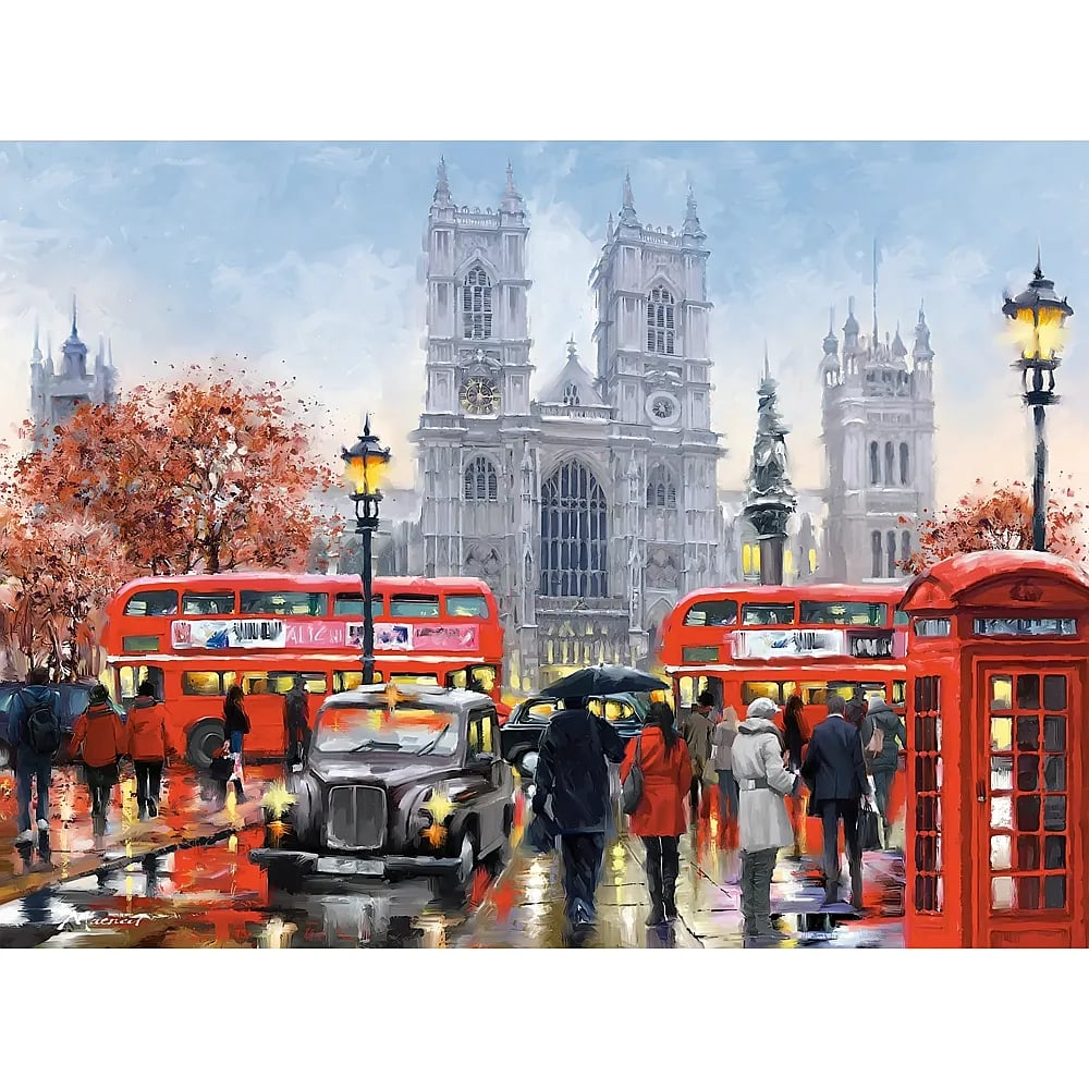 Ein Ölgemälde einer belebten Londoner Straße mit roten Bussen, einem schwarzen Taxi, einer Telefonzelle und Westminster Abbey.