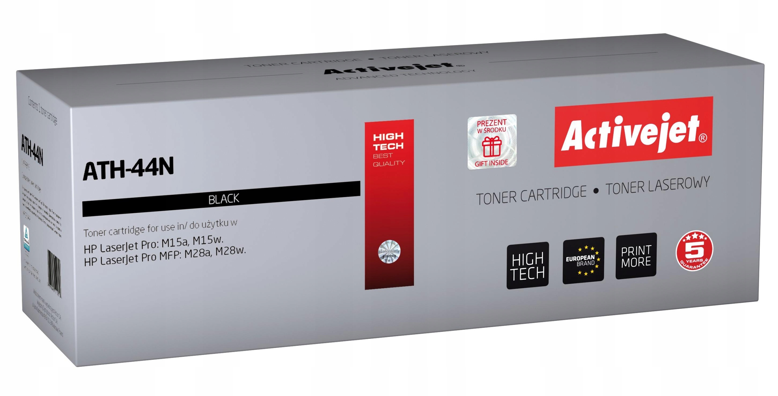 Szary kartonik tonera Activejet z czerwonym logo, model ATH-44N, do drukarek HP.