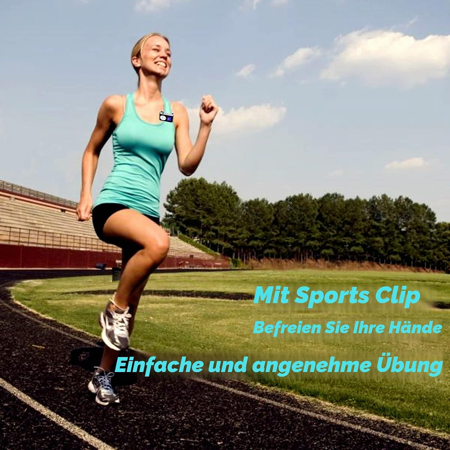 Eine Frau in Sportkleidung läuft auf einer Aschenbahn im Stadion. Text auf dem Bild.