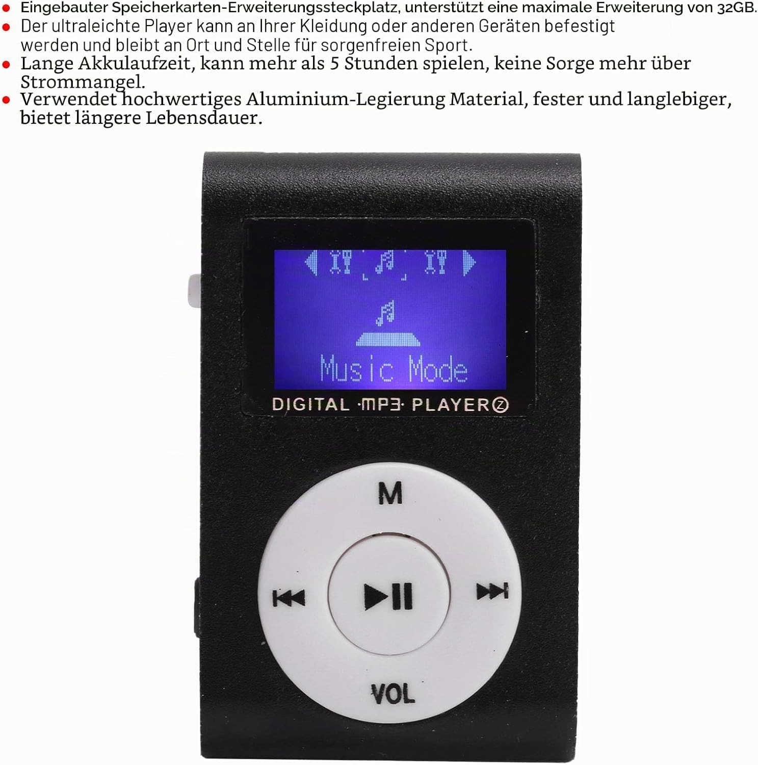 Schwarzer digitaler MP3-Player mit blauem Display und runder weißer Steuertaste auf weißem Hintergrund.