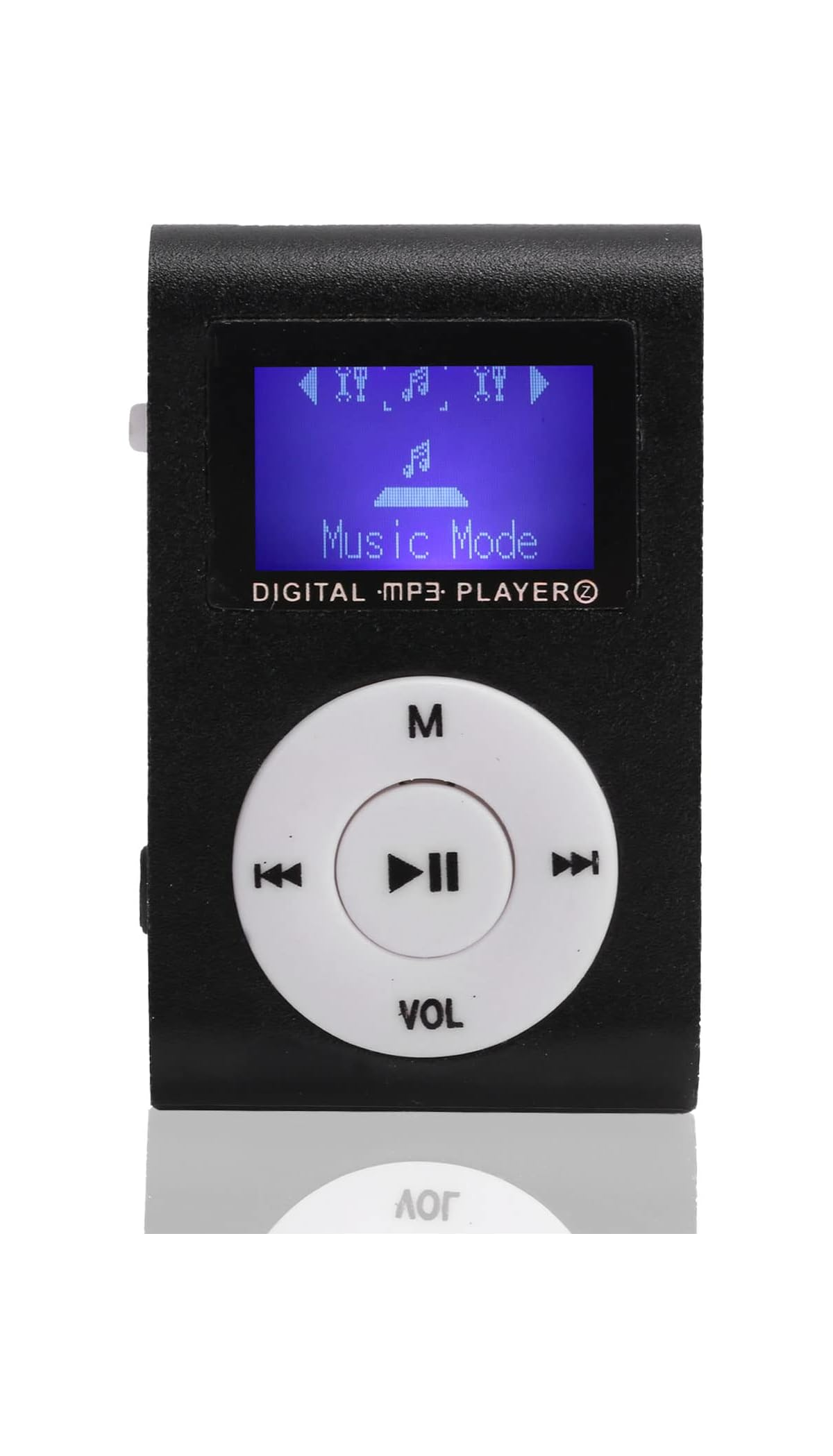 Ein kleiner schwarzer Digital-MP3-Player mit blauem Display und weißen runden Bedientasten.