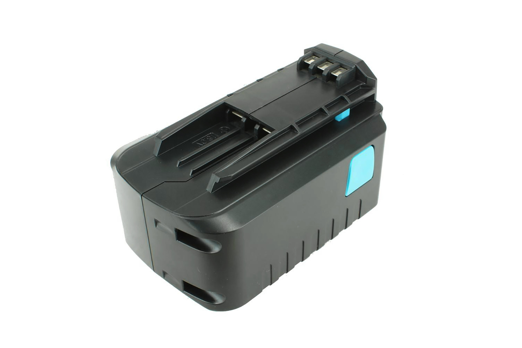 Schwarzer Akku für Elektrowerkzeuge mit blauen Knöpfen und Kontakten auf weißem Hintergrund.