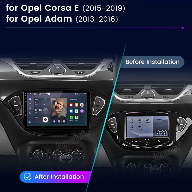 Vergleich der Autokonsole vor und nach der Installation eines neuen Infotainment-Systems für Opel.