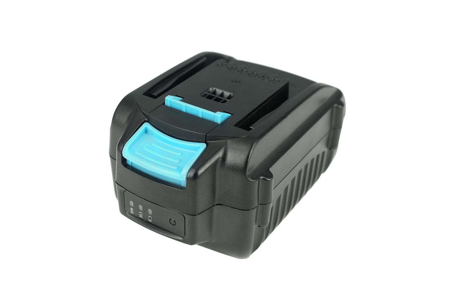 Ein schwarzer Elektrowerkzeugakku mit blauen Auslösern und einer Ladestandsanzeige auf einer weißen Oberfläche.