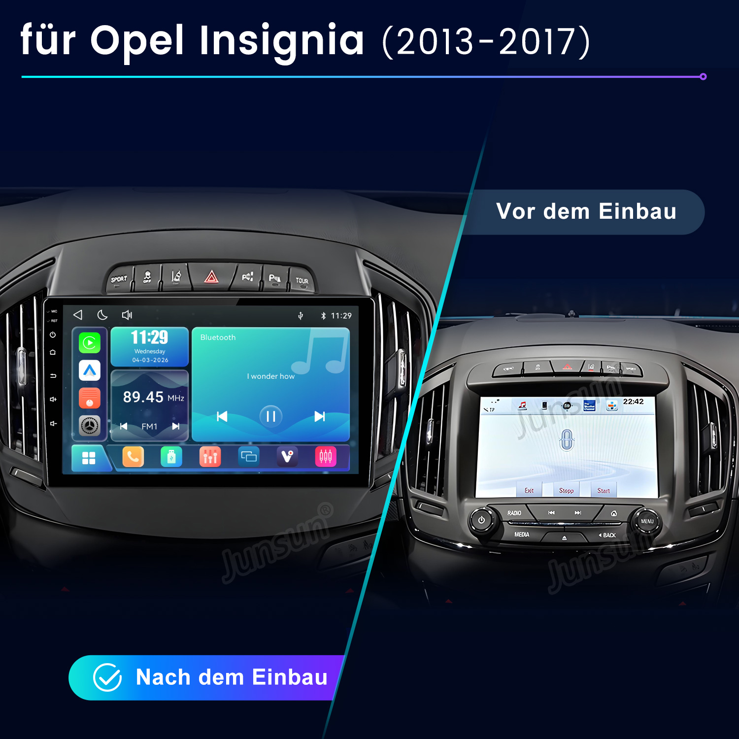 Vergleich zweier Opel Insignia (2013-2017) Dashboards: Links nach Einbau, rechts vor Einbau.