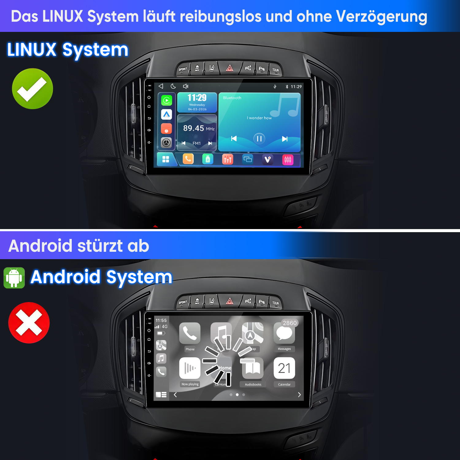 Vergleich zweier Auto-Infotainment-Systeme: Linux funktioniert reibungslos, Android zeigt einen Ladefehler.