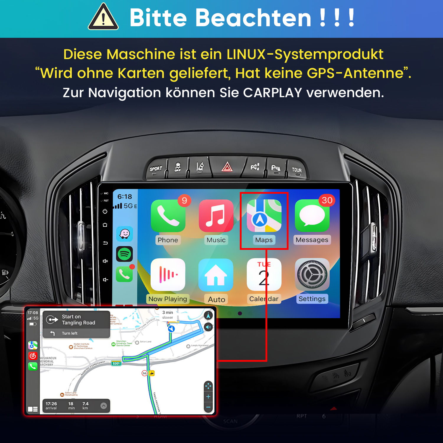 Linux-Autoradio mit CarPlay-Navigation und App-Icons auf dem Touchscreen.