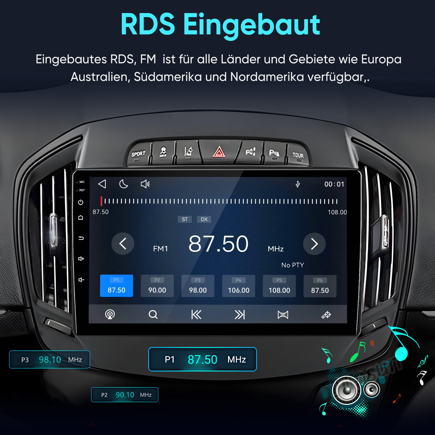 Autoradio mit großem Touchscreen, FM-Radioanzeige und Bedientasten im Armaturenbrett eingebaut.