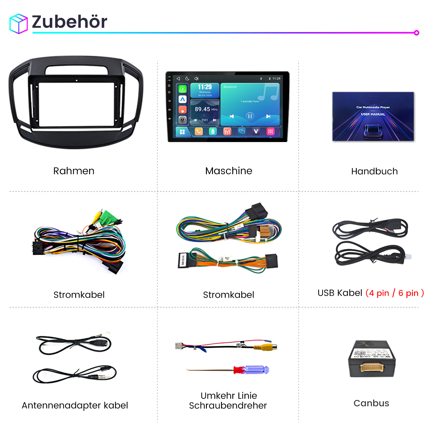 Fahrzeugzubehör im Set: Rahmen, Display, Handbuch, Kabel, Schraubendreher und Canbus.