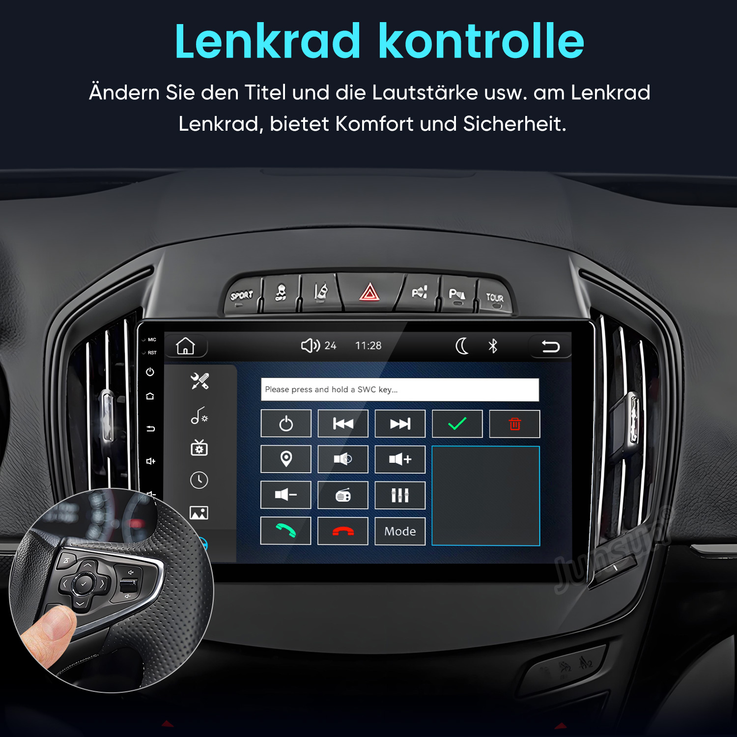 Auto-Infotainment-System mit Touchscreen und Tasten für die Lenkradsteuerung.
