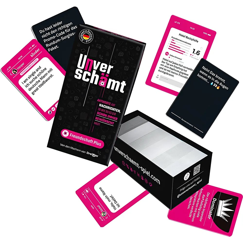 Ein Kartenspiel namens Unverschämt mit schwarzer Box und pinken sowie schwarzen Karten.