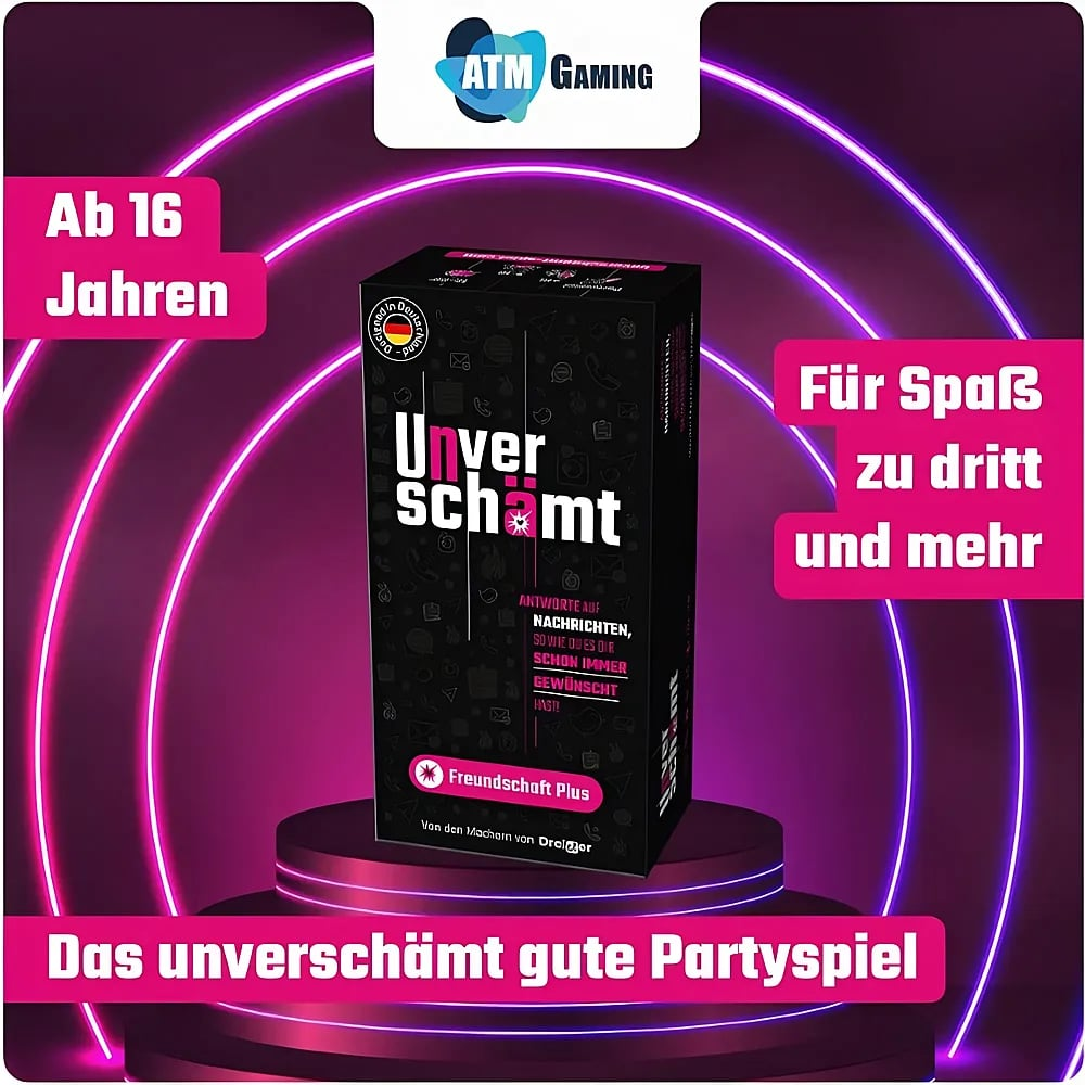 Eine schwarze Schachtel des Kartenspiels Unverschämt auf einem lila leuchtenden Podest mit deutschem Text.