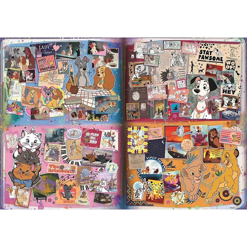 Collage aus Disney-Klassikern wie Susi und Strolch, 101 Dalmatiner, Aristocats und Der König der Löwen mit Bildern und Texten.