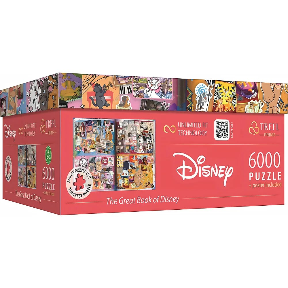 Eine rosafarbene Trefl Disney 6000-Teile-Puzzlebox mit verschiedenen klassischen Disney-Filmszenen.