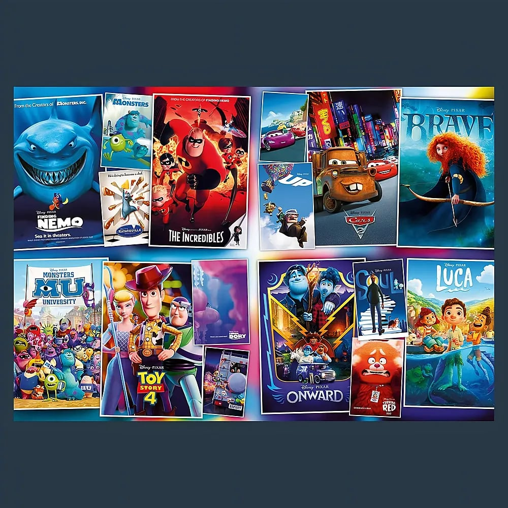 Eine Collage aus Disney-Pixar-Filmpostern wie Toy Story, Findet Nemo, Die Unglaublichen und Cars.