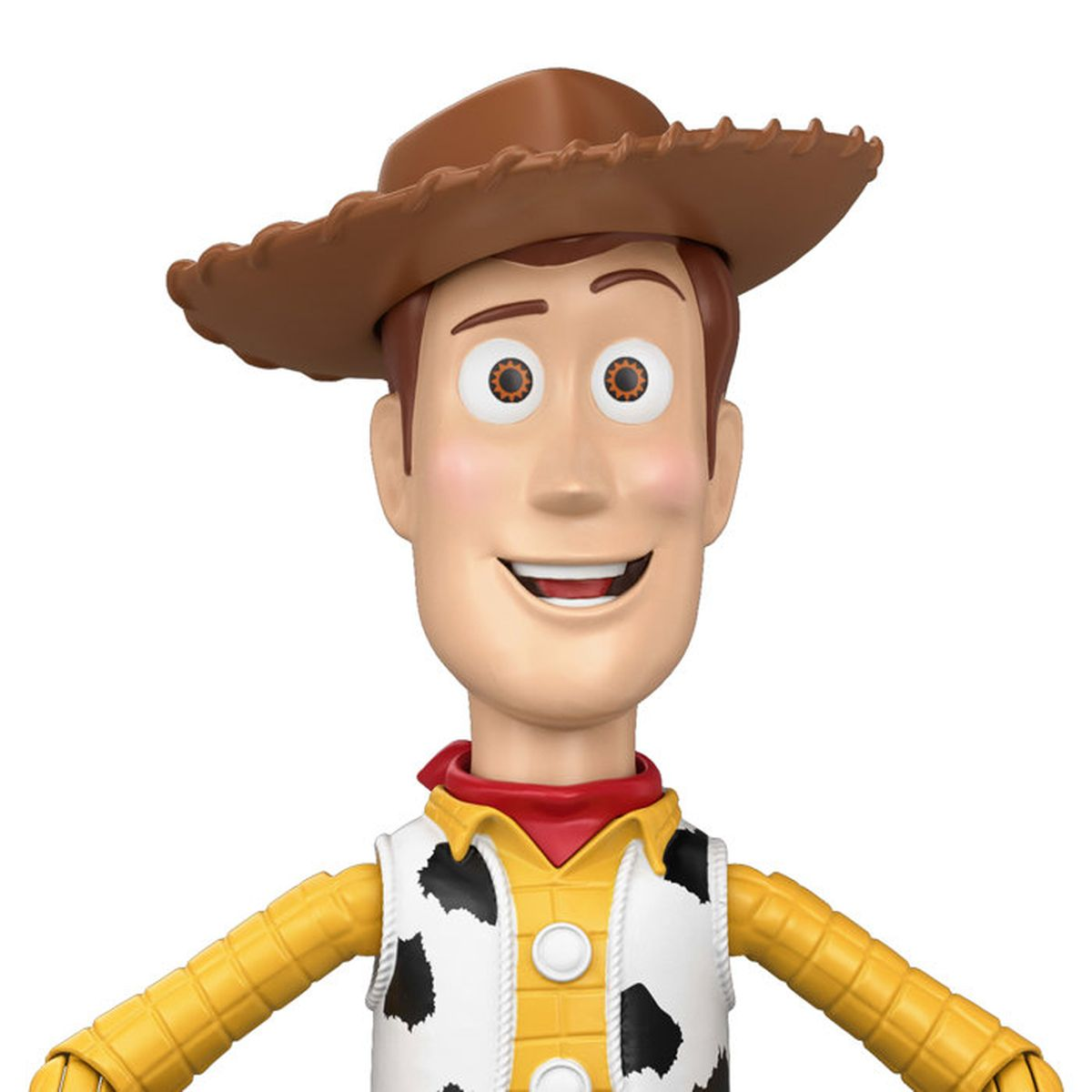 Nahaufnahme der Spielfigur Woody aus Toy Story mit Cowboyhut, gelbem Hemd und Kuhflecken-West.