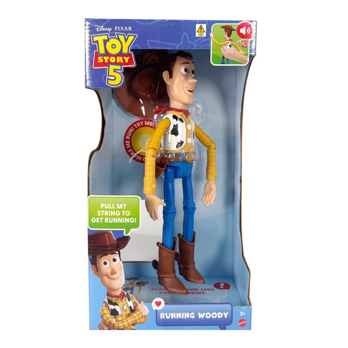 Eine Spielzeugbox zeigt eine Running Woody-Actionfigur aus Toy Story mit braunen Stiefeln und Cowboyhut.