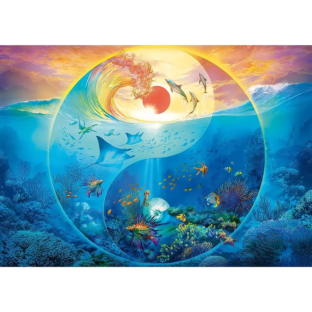 Eine lebendige Unterwasser- und Himmelszene in Form eines Yin-Yang-Symbols mit Meereslebewesen, Korallen und Delfinen.