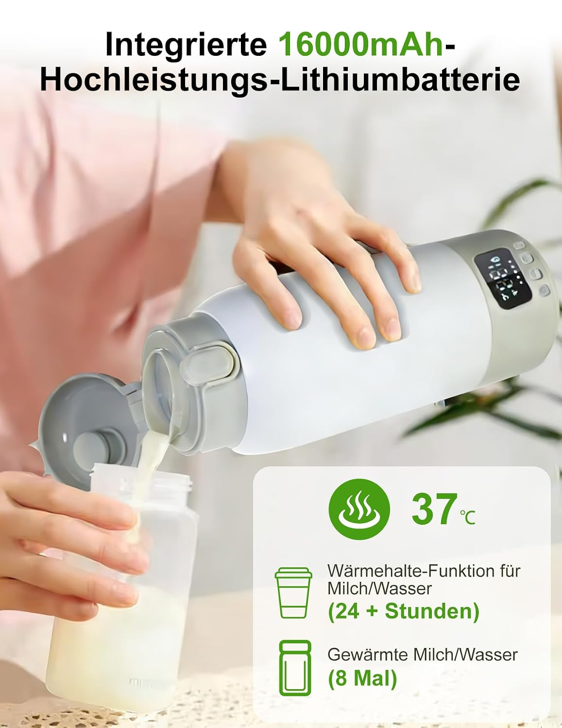 Eine Person gießt Milch aus einer Thermoskanne in ein Fläschchen. Text über Akku und Warmhaltefunktion.