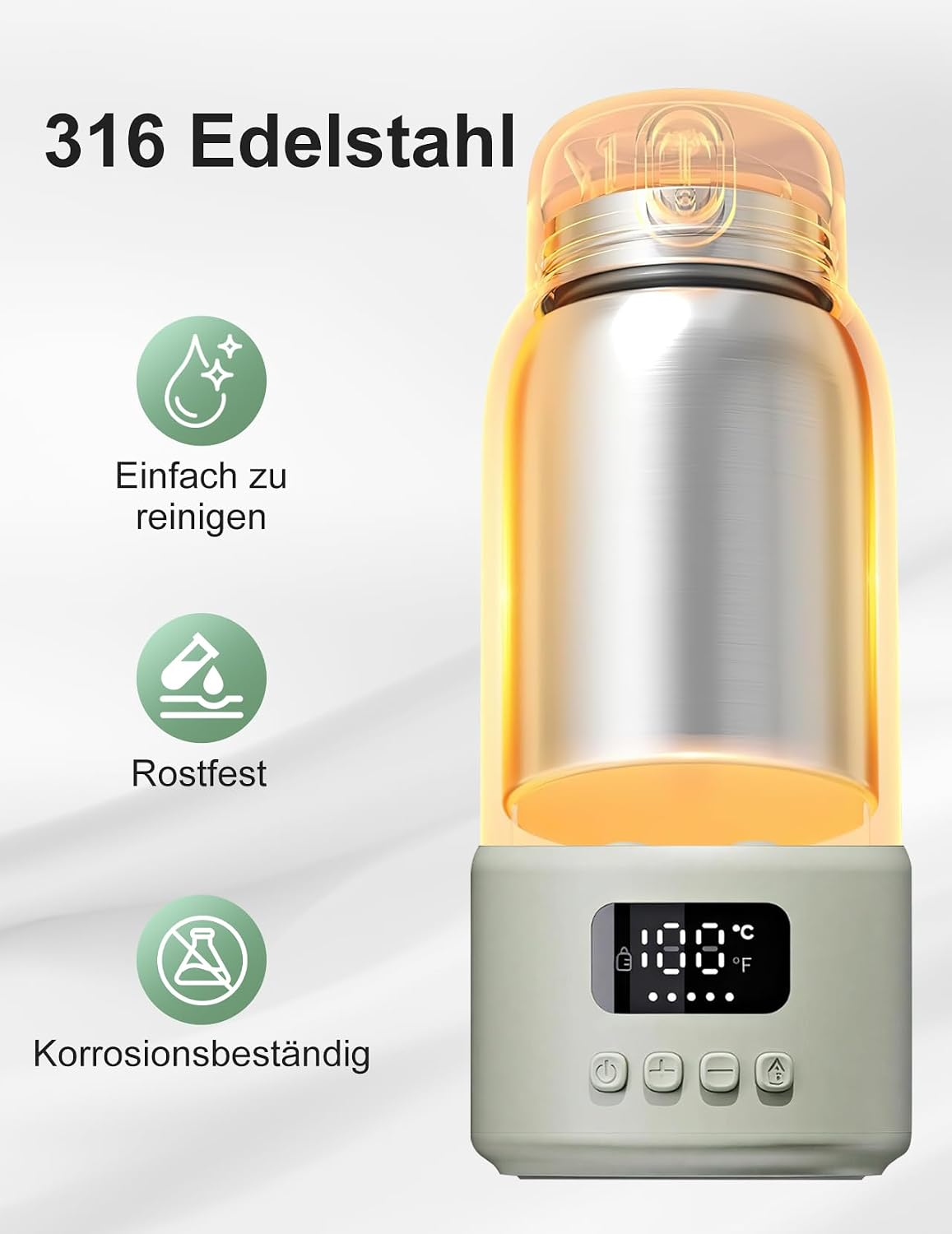 Edelstahl Thermoskanne mit digitaler Temperaturanzeige und Funktionssymbolen auf weißem Hintergrund.
