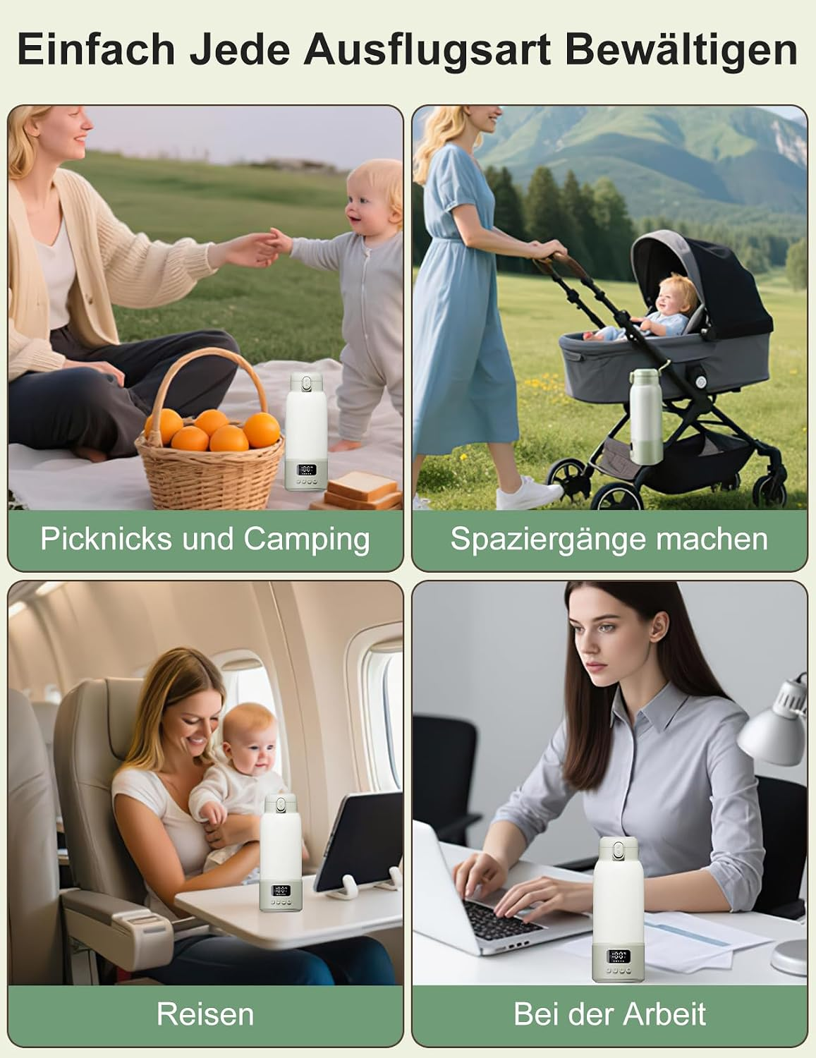 Vier Bilder zeigen eine smarte Thermoskanne bei Picknick, Spaziergang, Flug und Arbeit.