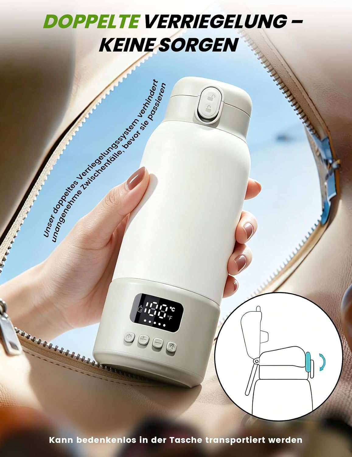 Eine Hand hält eine weiße Thermosflasche mit digitalem Display und doppelter Verriegelung über einer Tasche.