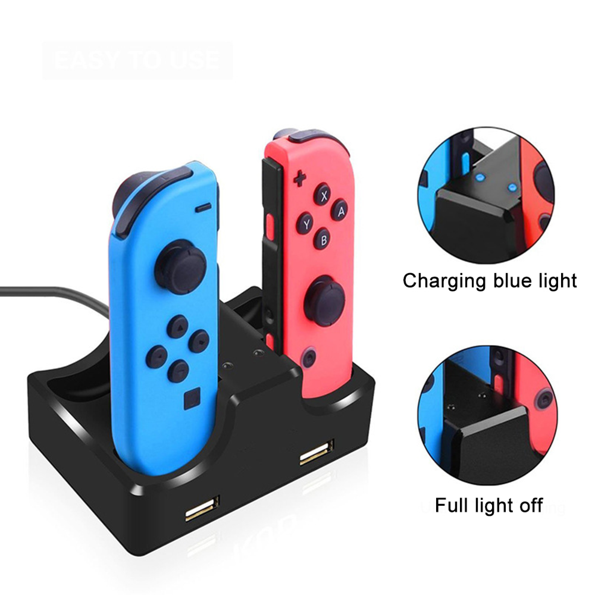Eine schwarze Ladestation mit einem blauen und einem roten Joy-Con-Controller, mit zwei inset-Bildern für den Ladestatus.