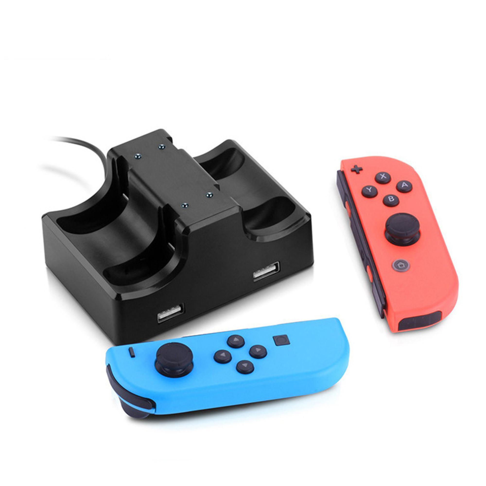 Schwarze Ladestation mit rotem und blauem Joy-Con-Controller.