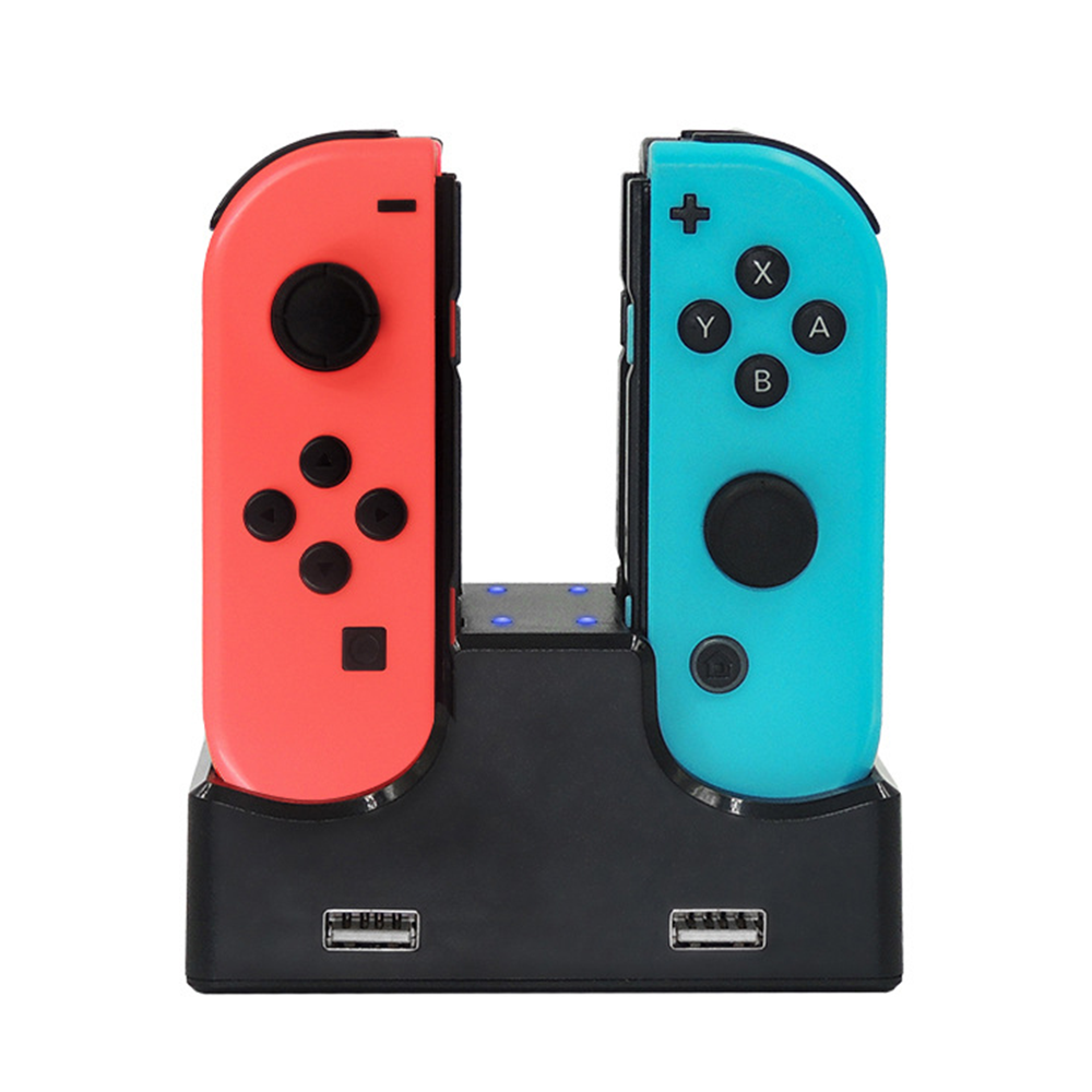 Eine schwarze Ladestation mit roten und blauen Joy-Con-Controllern auf einer weißen Oberfläche.