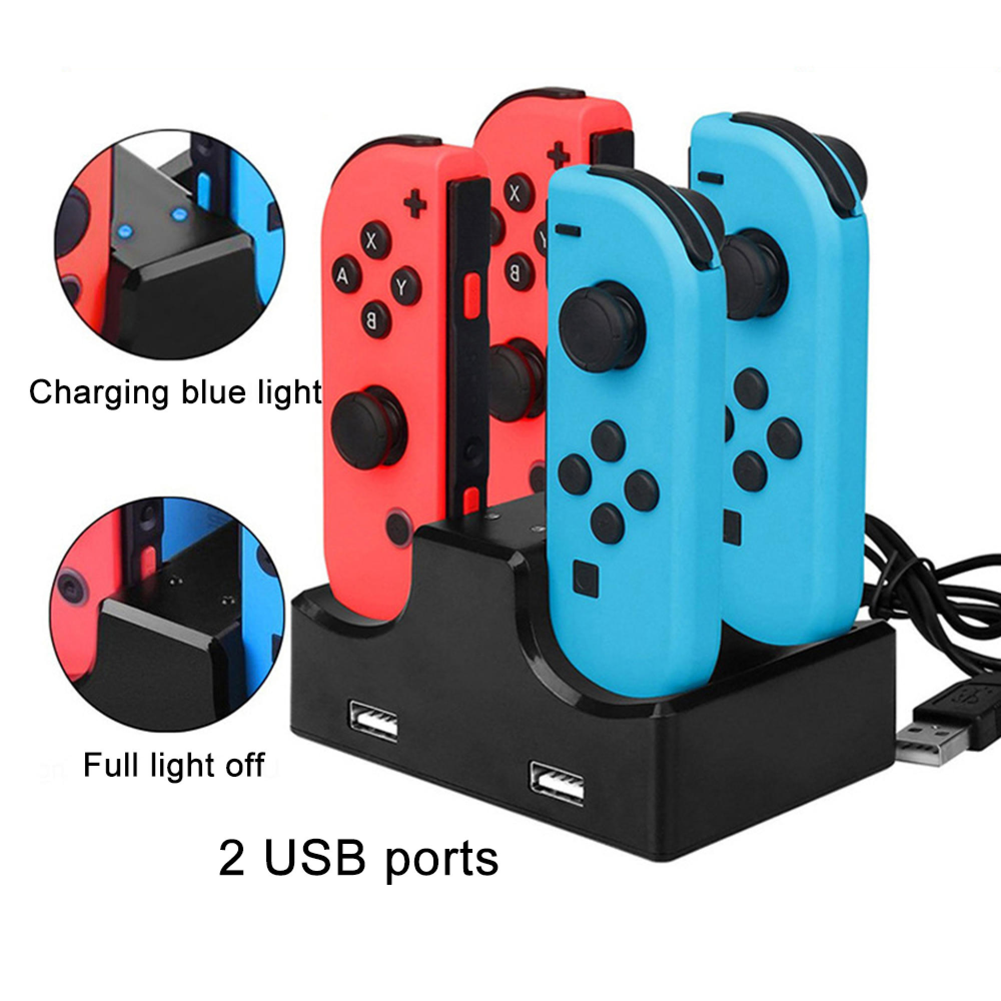 Schwarze Ladestation mit vier roten und blauen Joy-Cons, blauen Lade-LEDs und zwei USB-Anschlüssen.