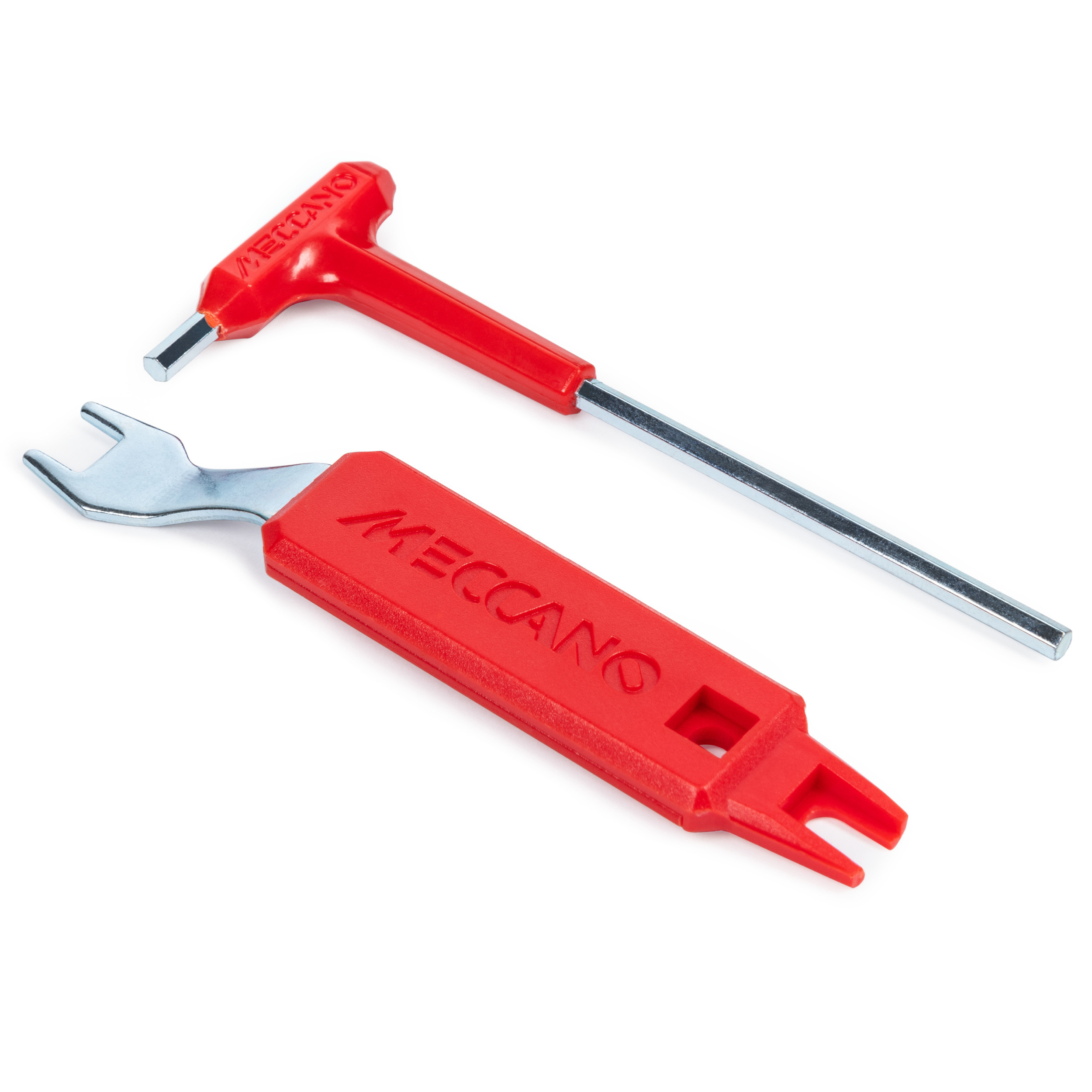 Due attrezzi Meccano con manico in plastica rossa e punte in metallo su fondo bianco.