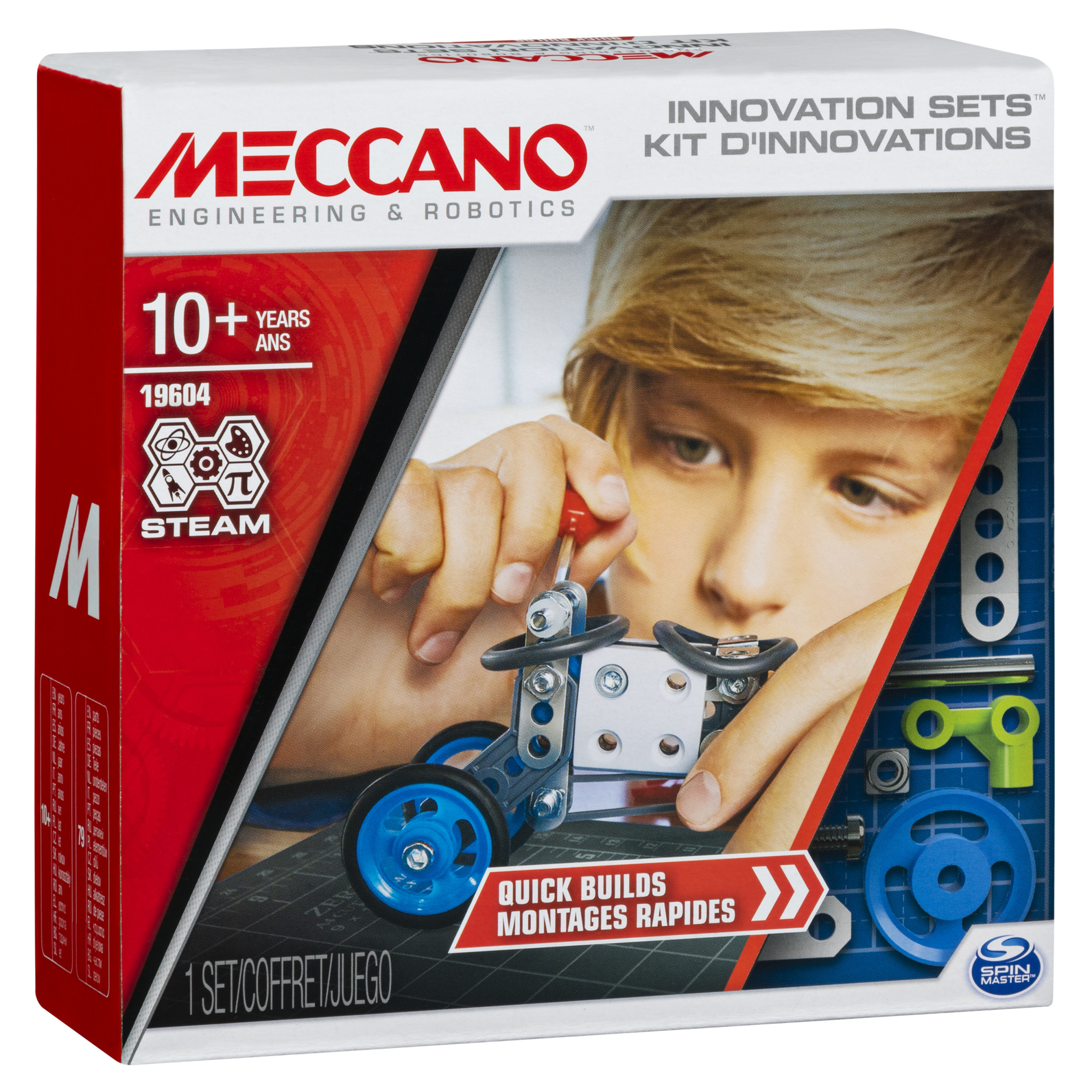 Scatola del set di innovazione Meccano con un bambino che assembla un modello.