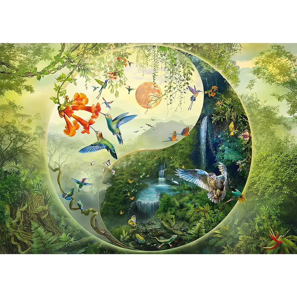 Ein Yin-Yang-Symbol aus Urwald, Tieren, Wasserfällen und Blumen.