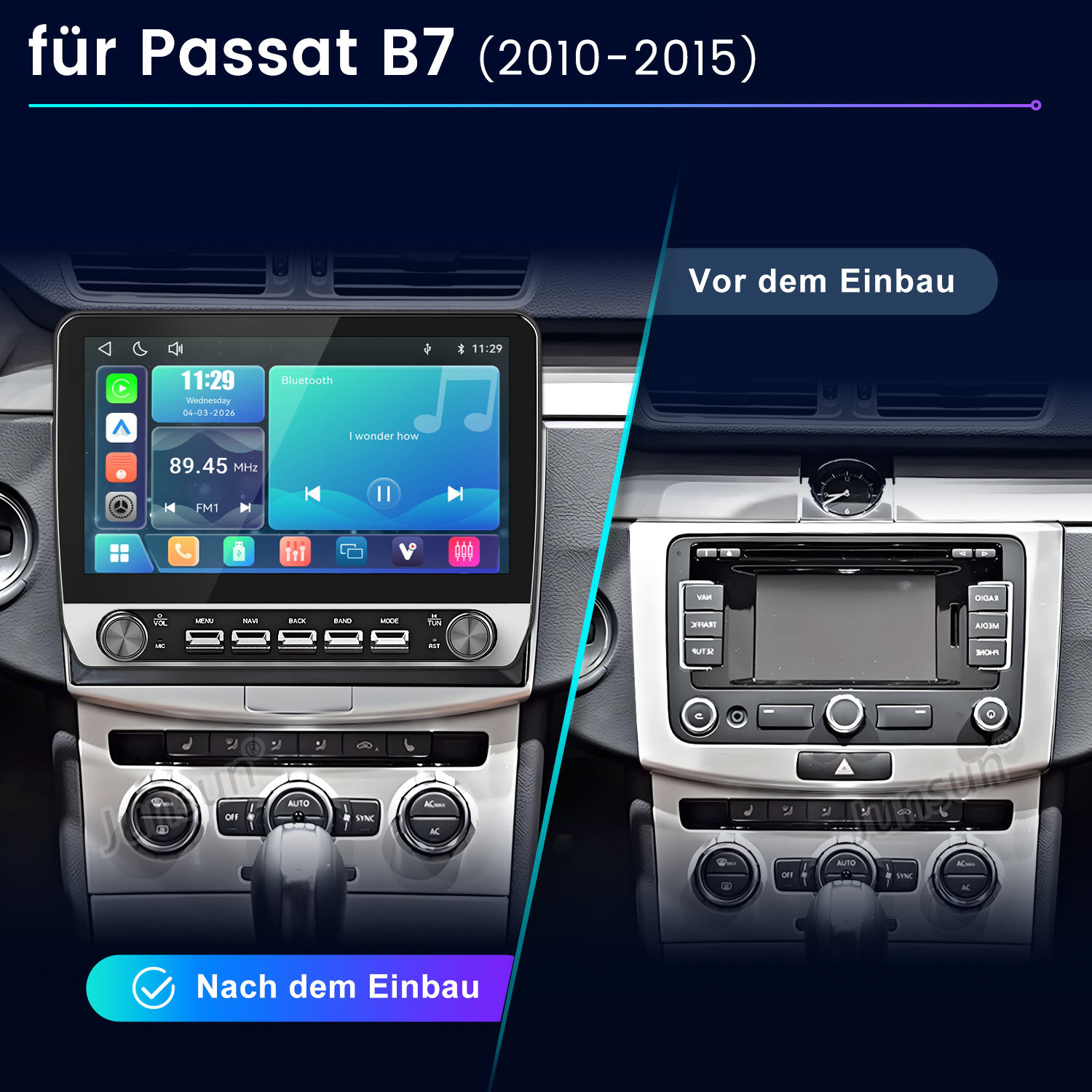 Vergleich Passat B7 Armaturenbrett vor und nach dem Einbau eines neuen Infotainmentsystems.