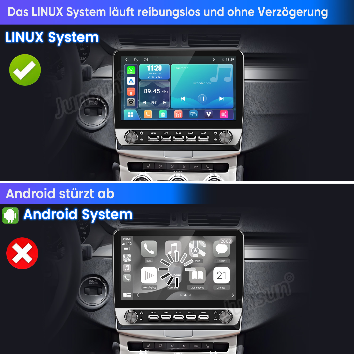 Vergleich einer flüssigen Linux-Autoradio-Oberfläche und eines abstürzenden Android-Systems.