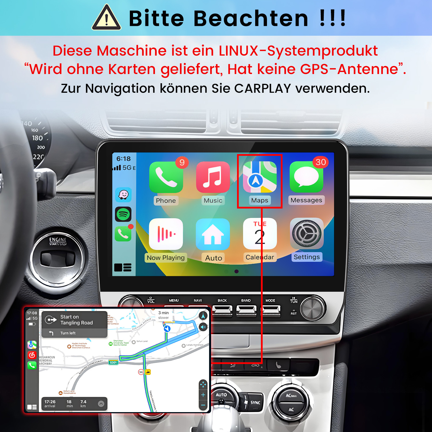 Ein Auto-Bildschirm mit Apple CarPlay-Apps und einer deutschen Warnung oben über Linux und Navigation.