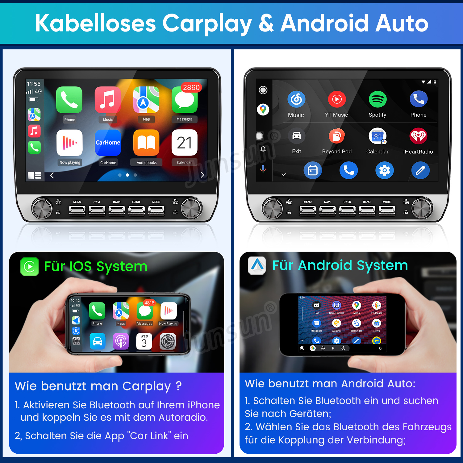 Autoradio mit kabellosen CarPlay- und Android-Auto-Oberflächen und Anleitung.