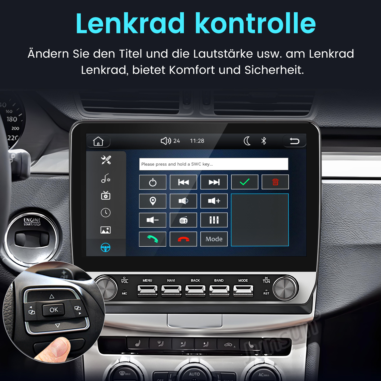 Autoinnenraum mit Touchscreen-Display und Nahaufnahme der Lenkradtasten für die Mediensteuerung.