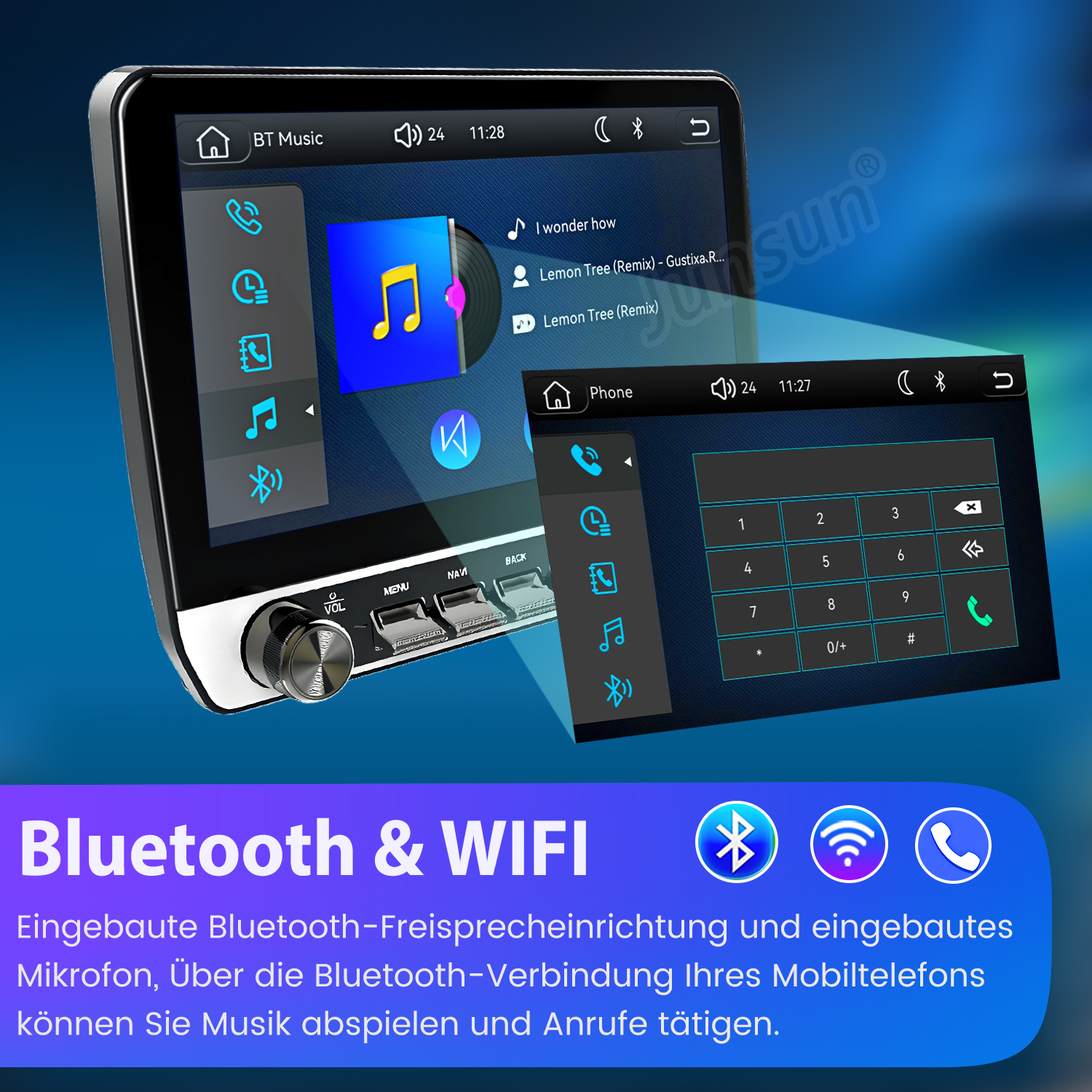 Ein Autoradio-Bildschirm mit Musik- und Telefonoberfläche sowie Bluetooth- und WLAN-Funktionen.